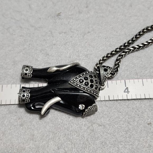 Black Enamel Silver Tone Elephant Necklace Rhinestone Marcasite Accents Vintage - Picture 9 of 12